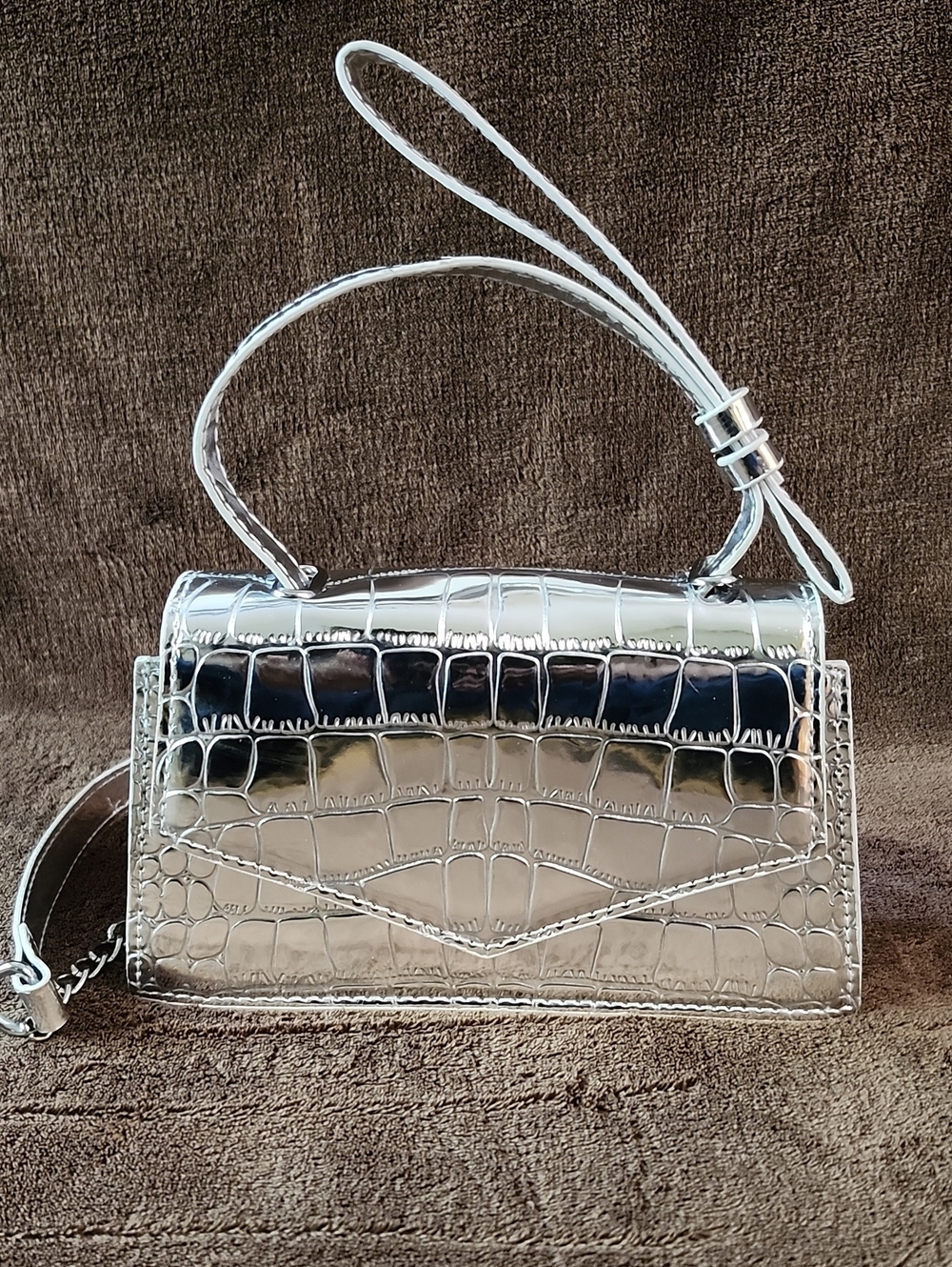 Mini Square Bag Metallic Silver Funky Crocodile Embossed Chain PU